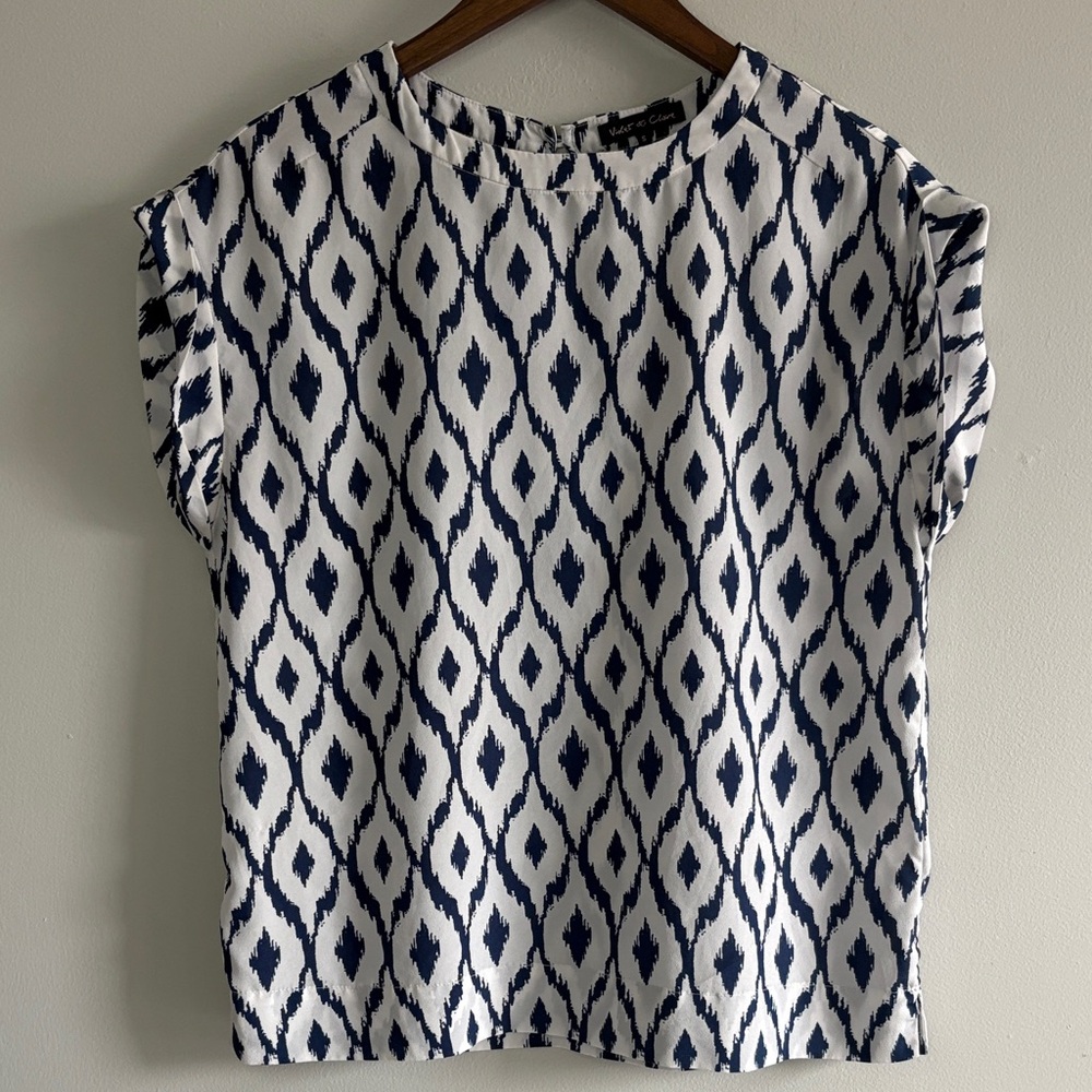 Violet & Claire Ikat Print‎ Blouse Small Blue White Boho Top